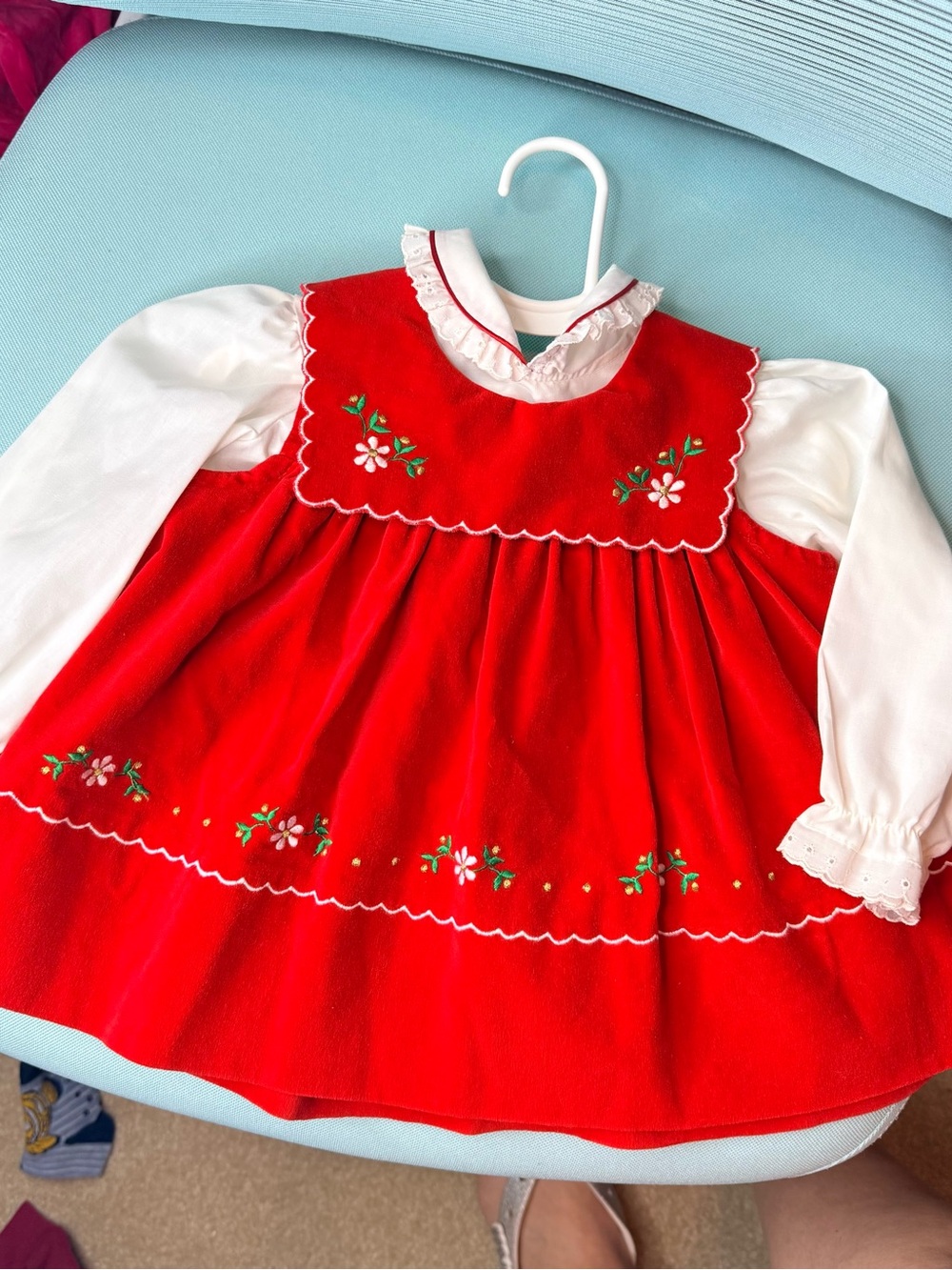 Vintage 18 month Girls' Red Embroidered Holiday Dress with White Blouse